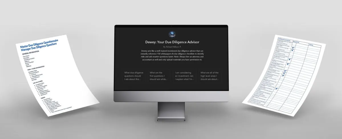 Dewey, the Family Office Club due diligence advisor, shown on a desktop screen between due diligence checklists