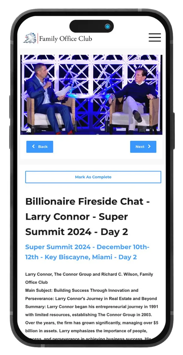 Family Office Club portal on a phone, playing the Larry Connor fireside chat from Super Summit 2024