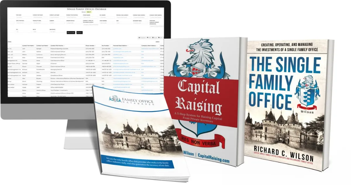 Single Family Offices database open in the Family Office Databases portal on a desktop monitor, beside printed guides