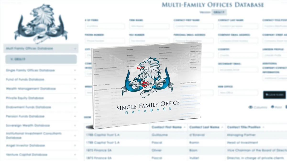 Single Family Office Database product mockup over the database portal