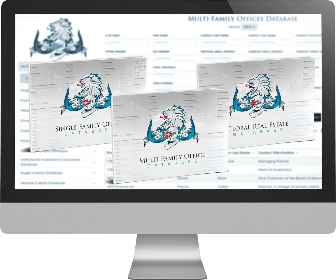 Family Office Databases mockups, including the Global Real Estate database, on a desktop monitor